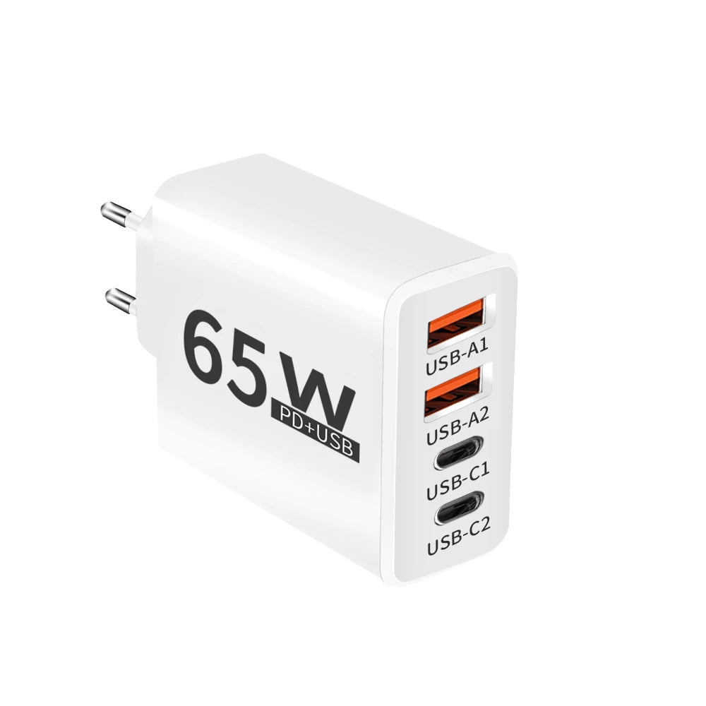 4 Ports Mehrfach Ladegerät mit USB-C und USB-A,65W Schnellladegerät PD 3.0 Power Adapter USB Netzteil für alle Geräte