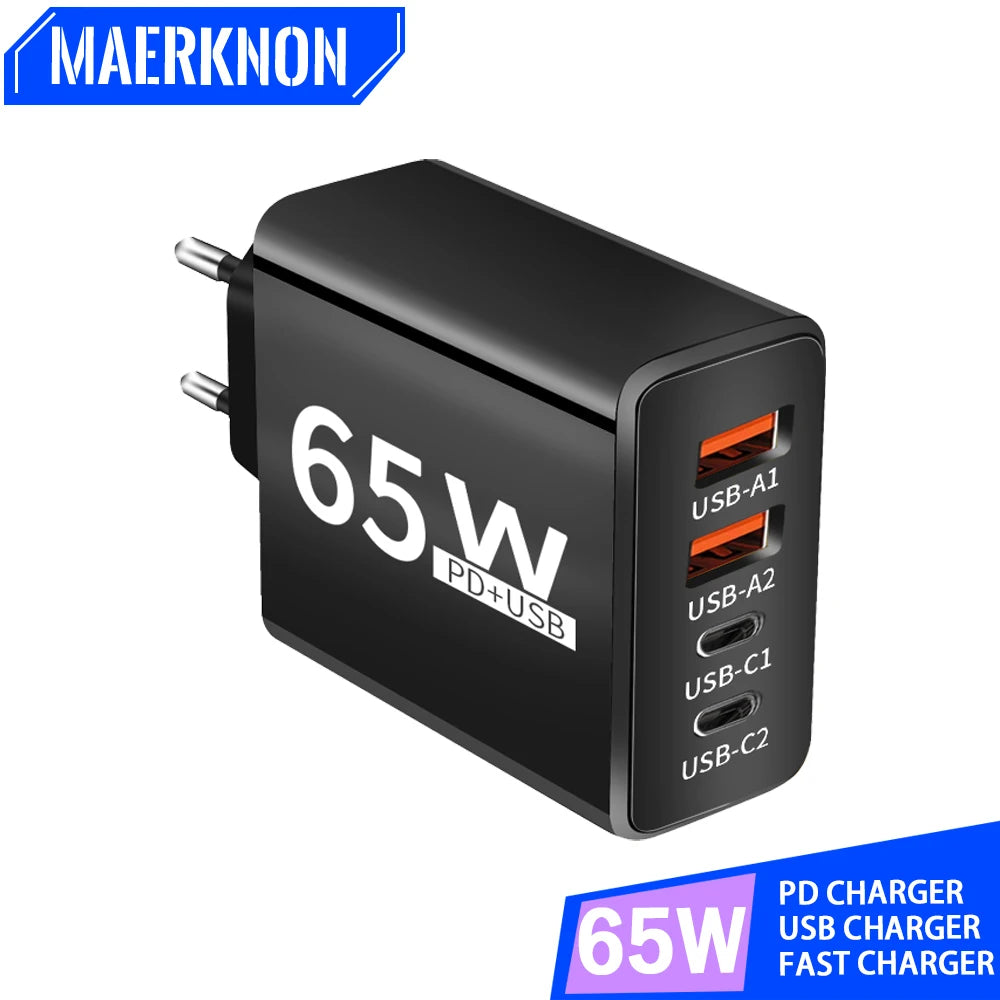 4 Ports Mehrfach Ladegerät mit USB-C und USB-A,65W Schnellladegerät PD 3.0 Power Adapter USB Netzteil für alle Geräte