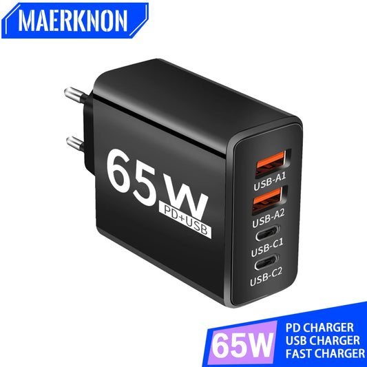 4 Ports Mehrfach Ladegerät mit USB-C und USB-A,65W Schnellladegerät PD 3.0 Power Adapter USB Netzteil für alle Geräte
